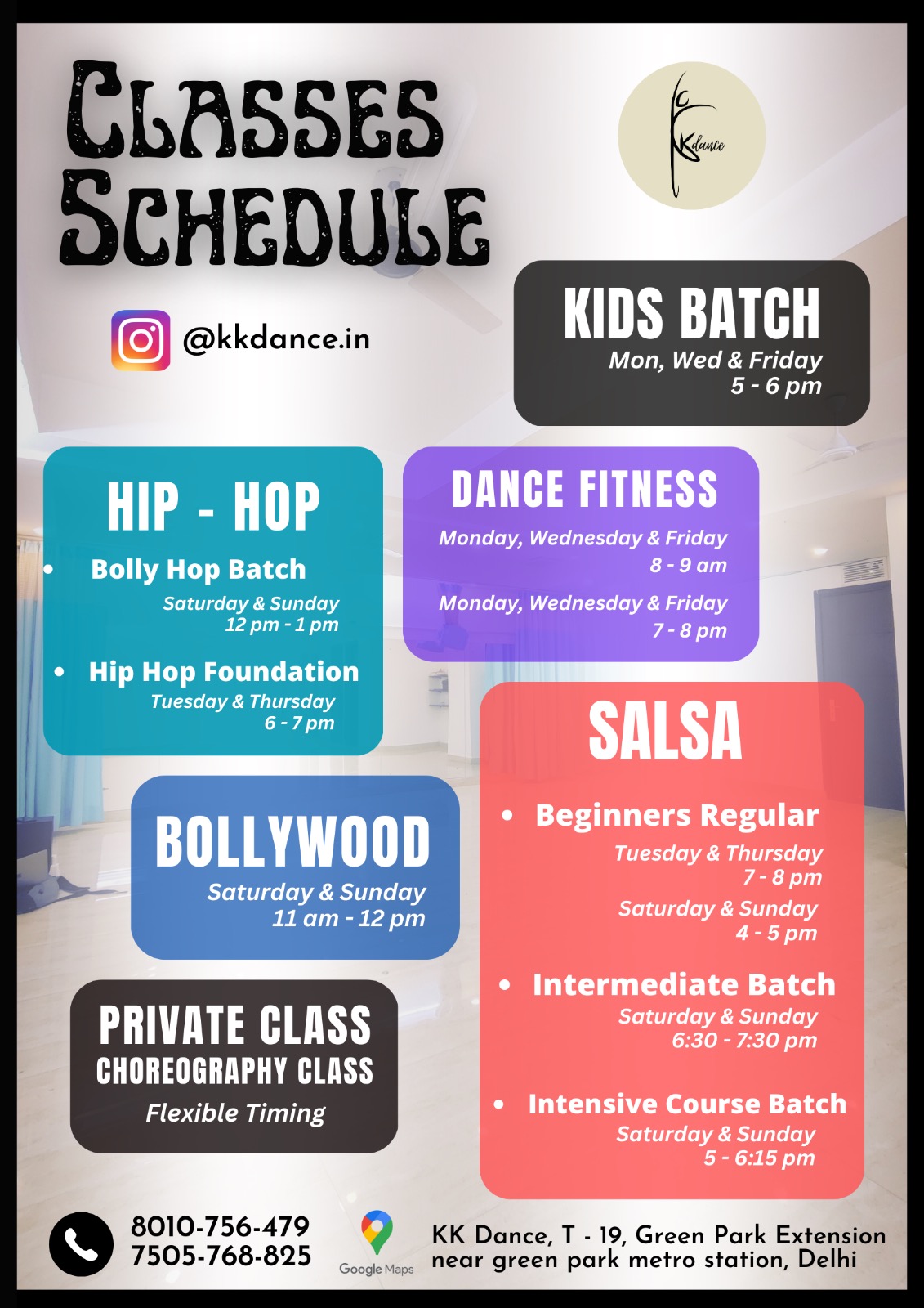 Delhi NCR Green Park KK Dance Class Schedule Salsa Hip Hop Bollywood Dance Fitness Private Choreography - Dance With Me India